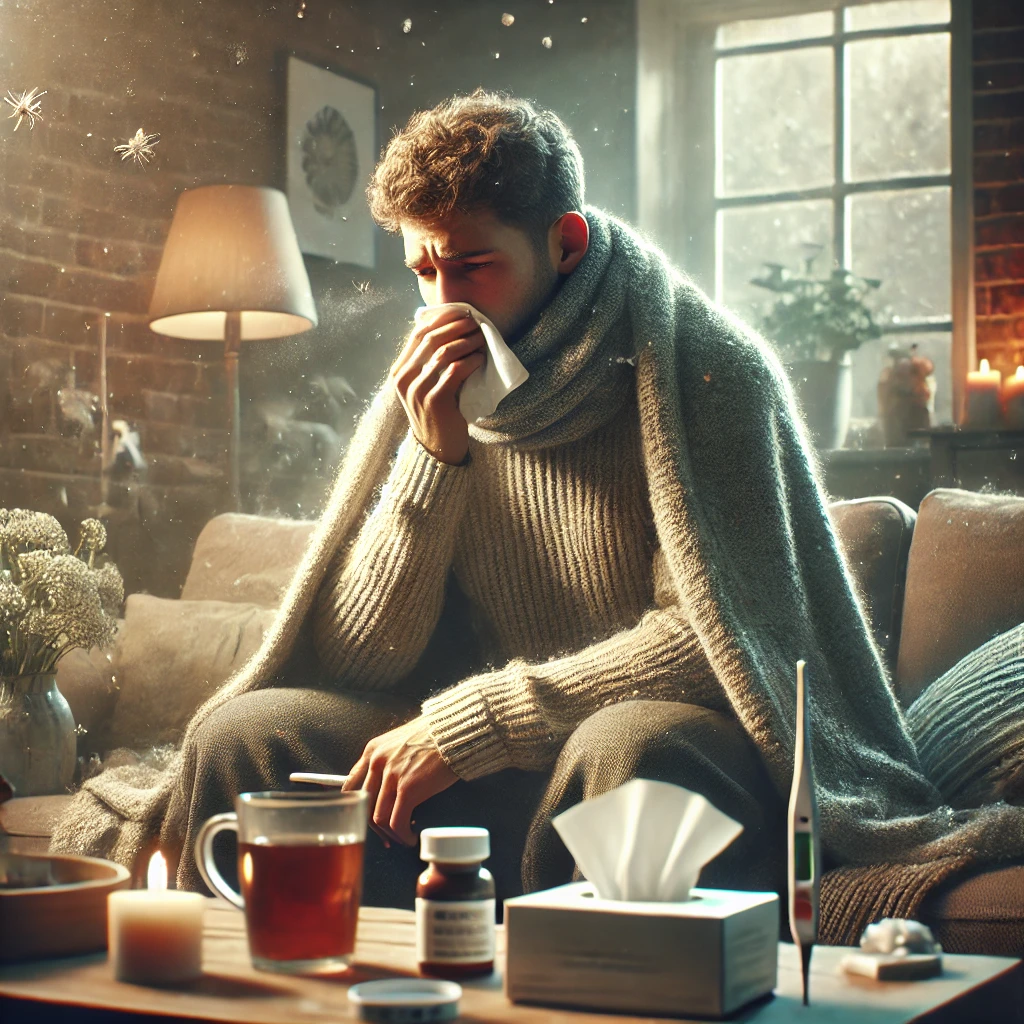 A natural and realistic depiction of flu symptoms in 2025. The image shows a person sitting in a cozy, home environment with a tissue in hand, visibly sick with a fever. The room has soft lighting, a cup of tea on a table, and a blanket draped over the person. The person appears fatigued, with a slight cough, and their face shows discomfort from symptoms like a runny nose and body aches. There are subtle details like a thermometer, medicine bottles, and a humidifier in the background, adding to the atmosphere of illness recovery.